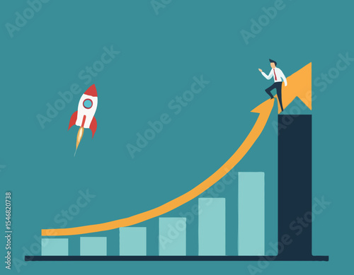 Business growth, investment profit increase, growing fast or improvement sales and revenue, progress or development concept, businessman riding rocket on growth bar graph or rising up revenue char