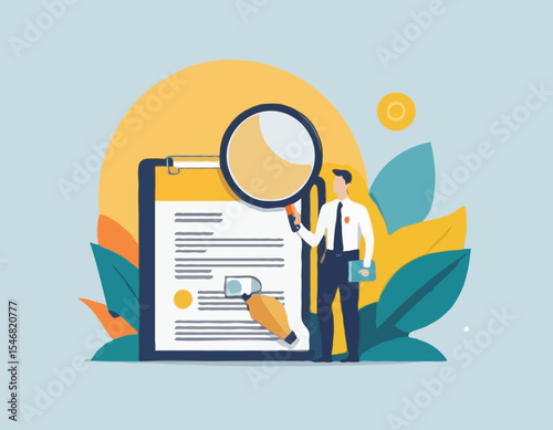 Inspect or review document, report or legal audit, quality assurance, search for document, information or research, investigate, proof or checking concept, businessman with magnifier inspect document