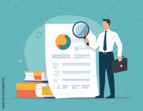 Inspect or review document, report or legal audit, quality assurance, search for document, information or research, investigate, proof or checking concept, businessman with magnifier inspect document
