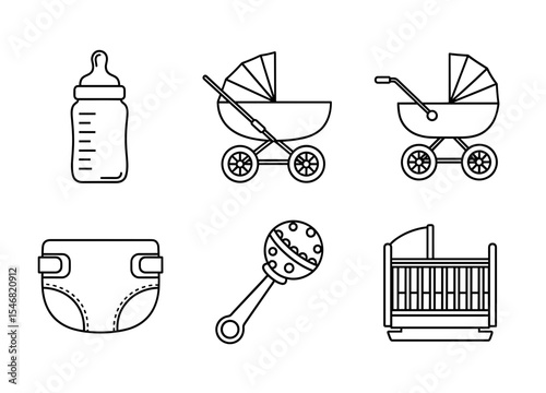 Vector outlined drawings of baby items including a bottle, strollers, diaper, rattle and a crib design