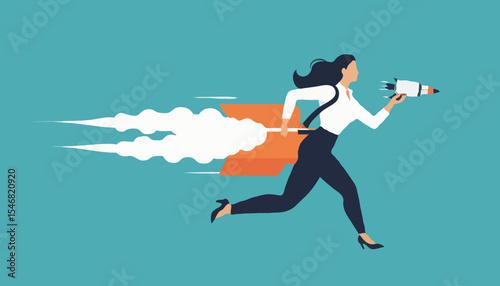 Success booster or accelerate career growth, woman power or lady leadership, speed up working progress or boost work ambition concept, confident businesswoman flying rocket booster or jetpack engin