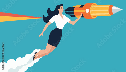 Success booster or accelerate career growth, woman power or lady leadership, speed up working progress or boost work ambition concept, confident businesswoman flying rocket booster or jetpack engin