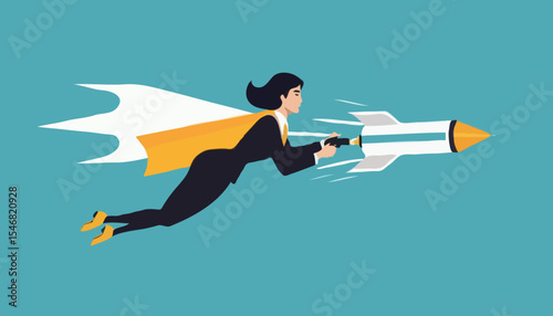 Success booster or accelerate career growth, woman power or lady leadership, speed up working progress or boost work ambition concept, confident businesswoman flying rocket booster or jetpack engin