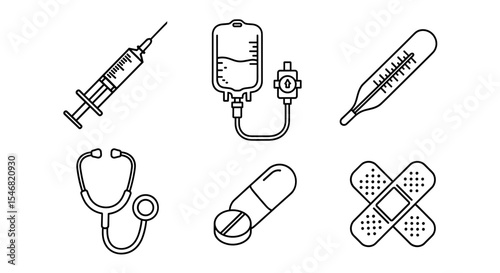 Vector outlined medical icons featuring a syringe iv drip thermometer stethoscope pill and bandage arranged neatly