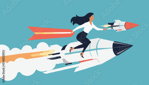 Success booster or accelerate career growth, woman power or lady leadership, speed up working progress or boost work ambition concept, confident businesswoman flying rocket booster or jetpack engin
