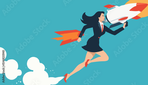 Success booster or accelerate career growth, woman power or lady leadership, speed up working progress or boost work ambition concept, confident businesswoman flying rocket booster or jetpack engin