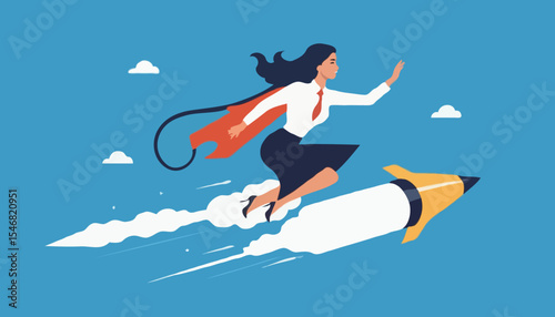 Success booster or accelerate career growth, woman power or lady leadership, speed up working progress or boost work ambition concept, confident businesswoman flying rocket booster or jetpack engin