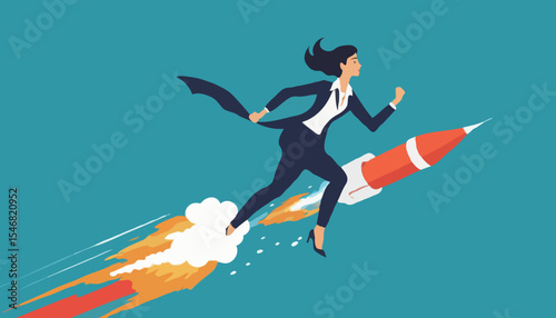 Success booster or accelerate career growth, woman power or lady leadership, speed up working progress or boost work ambition concept, confident businesswoman flying rocket booster or jetpack engin
