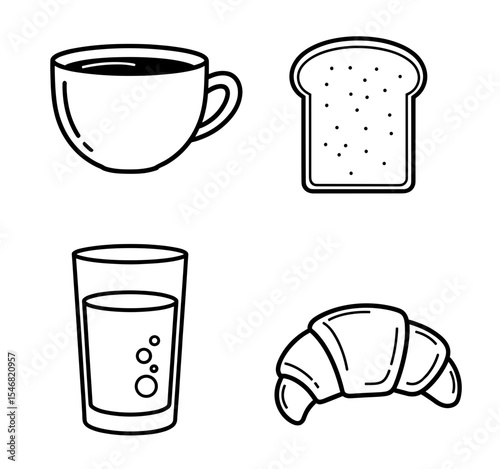 Vector outline drawing of a cup of coffee, toast, glass of water, and a croissant arranged together nicely