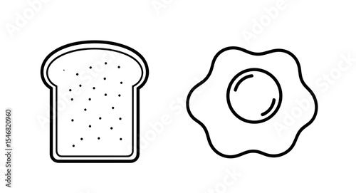 Vector outline drawing of a slice of bread and a fried egg side by side in a clear illustration style