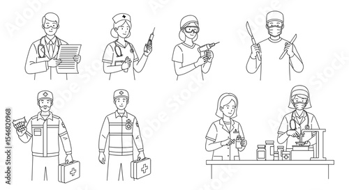 Vector collection of diverse medical professionals in various roles and equipment depicted in line art style drawing