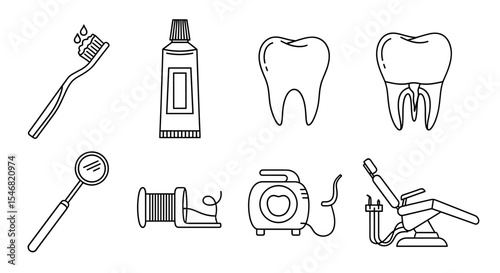 Vector dental care items including toothbrush, toothpaste, teeth, dental floss and dental chair illustration