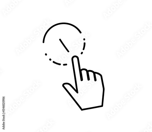 Vector hand touching a dotted circle with a line inside indicating time or timer functionality shown here