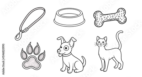 Vector outlined pet supplies and animals including a dog, cat, leash, bowl, bone, and paw print drawing