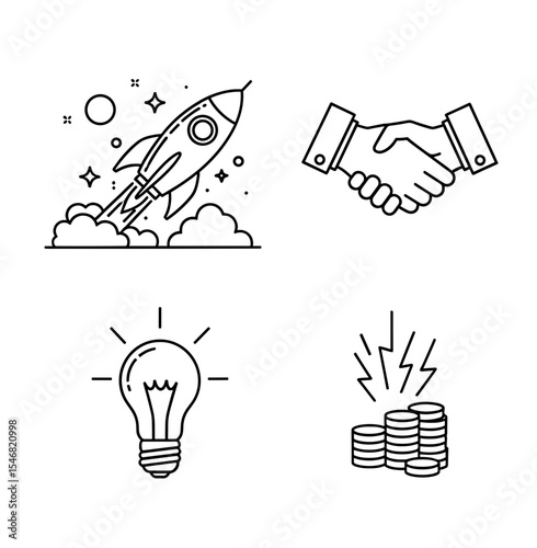 Vector four business icons depicting startup, agreement, idea, and wealth creation in outline style design