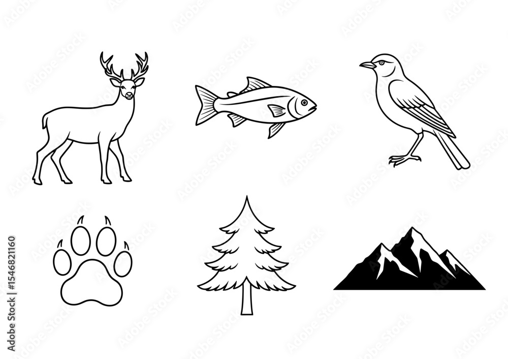 Fototapeta premium Vector outlined deer fish bird paw print tree and mountain range illustration wildlife and nature icons set