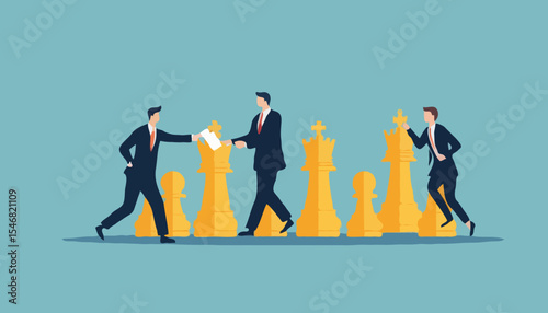 Succession planning, baton pass or relay responsibility, authority to employee, work delegation, support, appointment or mentorship concept, businessman boss on king chess baton pass to his successo