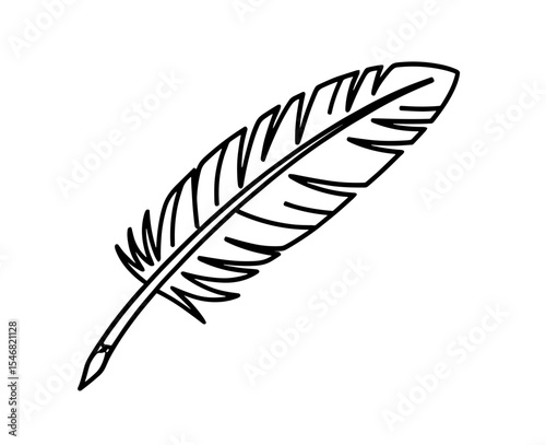 Vector illustration of a quill pen with detailed feathering and a fine tip, drawn in a line art style design element