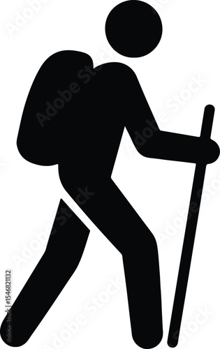 Silhouette hiker trekking with backpack and walking stick Vector Illustration