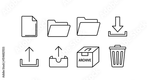 Vector outline icons depicting file management operations such as upload download and archive folders and trashcan