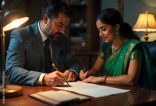 Photo of a professional notary overseeing a businesswoman signing a legal document, close-up of hands and papers, elegant office background with pen, stamp, and notarial seal in frame