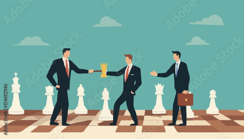Succession planning, baton pass or relay responsibility, authority to employee, work delegation, support, appointment or mentorship concept, businessman boss on king chess baton pass to his successo