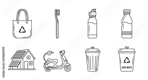 Vector assortment of sustainable living items including tote bag and electric scooter and toothbrush shown here