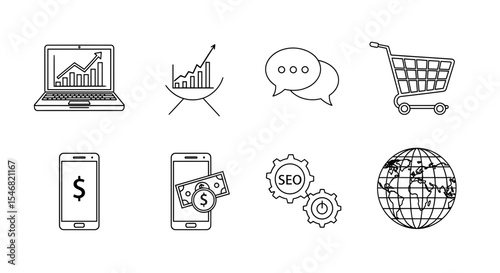 Vector outline icons depicting business, finance, and global connectivity arranged in two rows of four elements