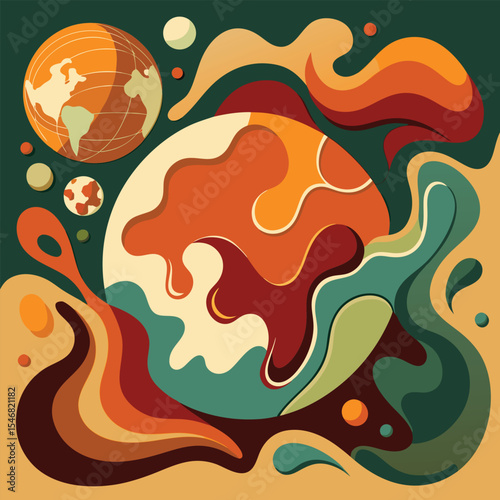 Abstract Celestial Composition: Earth in Fluid Swirl with Orange, Green, Beige Tone