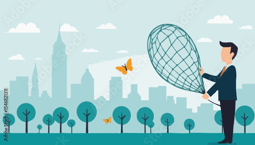 Finding new customers, clients or candidate for vacancy, marketing or hr human resources hiring new employees, leads generation or prospect concept, businessman with butterfly net catching customer