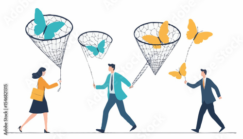 Finding new customers, clients or candidate for vacancy, marketing or hr human resources hiring new employees, leads generation or prospect concept, businessman with butterfly net catching customer