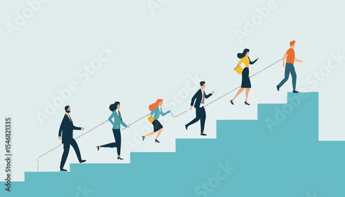 Career path or improvement, growth stair to success, job promotion or business competition, aspiration or motivation to succeed concept, business people walk up stair to next level floor to the to