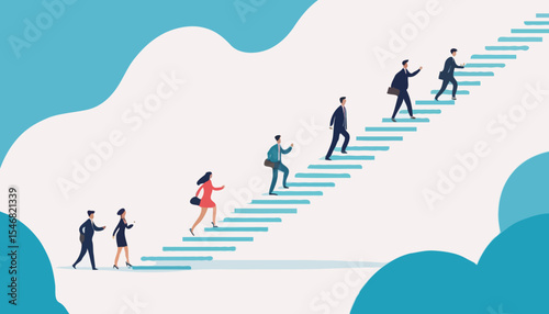 Career path or improvement, growth stair to success, job promotion or business competition, aspiration or motivation to succeed concept, business people walk up stair to next level floor to the to