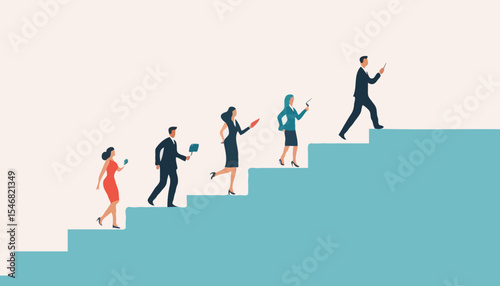 Career path or improvement, growth stair to success, job promotion or business competition, aspiration or motivation to succeed concept, business people walk up stair to next level floor to the to