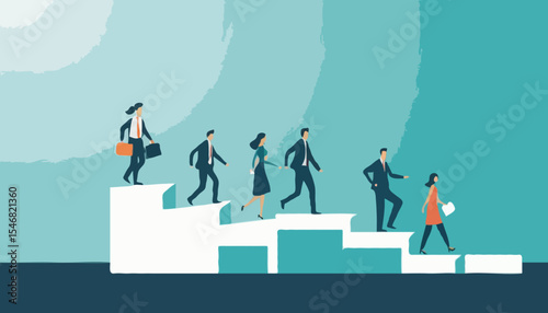 Career path or improvement, growth stair to success, job promotion or business competition, aspiration or motivation to succeed concept, business people walk up stair to next level floor to the to
