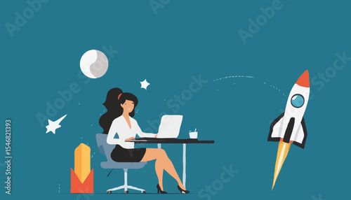 Woman entrepreneur, startup business or success small company, professional business management or female manager concept, confidence businesswoman riding rocket working on computer with telescop