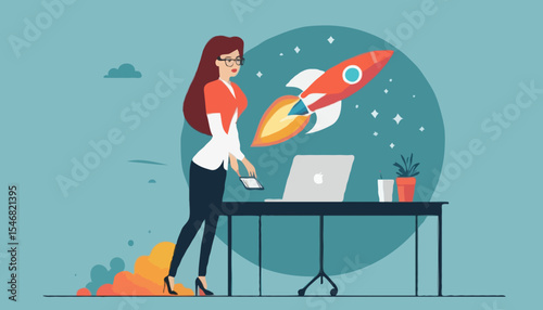 Woman entrepreneur, startup business or success small company, professional business management or female manager concept, confidence businesswoman riding rocket working on computer with telescop