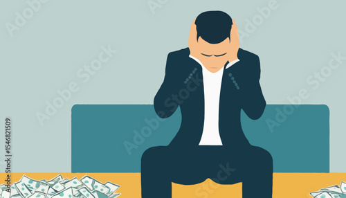 Regret on business mistake, frustration or depressed, stupidity or foolish losing all money, stressed and anxiety on failure concept, frustrated businessman holding his head sitting alone on the cha