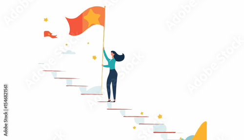 Success female entrepreneur, woman leadership or challenge and achievement concept, success businesswoman on top of career staircase holding winning flag looking for future visionar