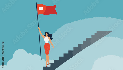 Success female entrepreneur, woman leadership or challenge and achievement concept, success businesswoman on top of career staircase holding winning flag looking for future visionar