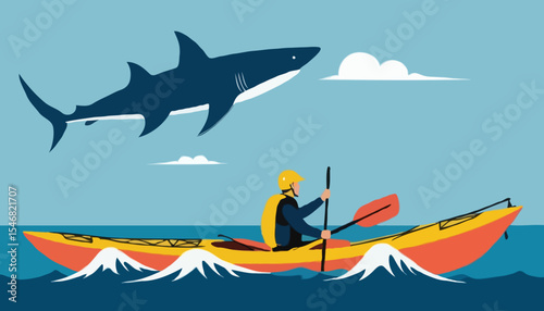 Risk taker, challenge to success, overcome difficulty or problem in crisis or entrepreneurship, determination or adversity concept, confidence businessman sailing kayak ship among danger risky shark