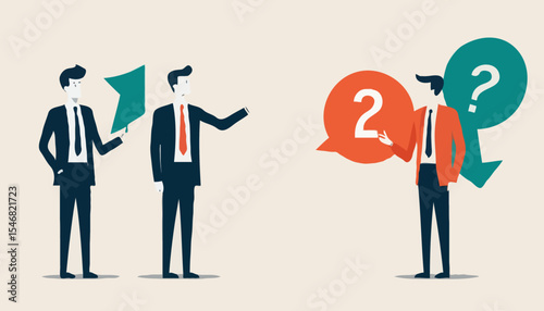 Dilemma or moral conflict, disagreement or argument for business direction, decision problem or question, choosing choice, alternative or solution concept, confused businessman choosing direction