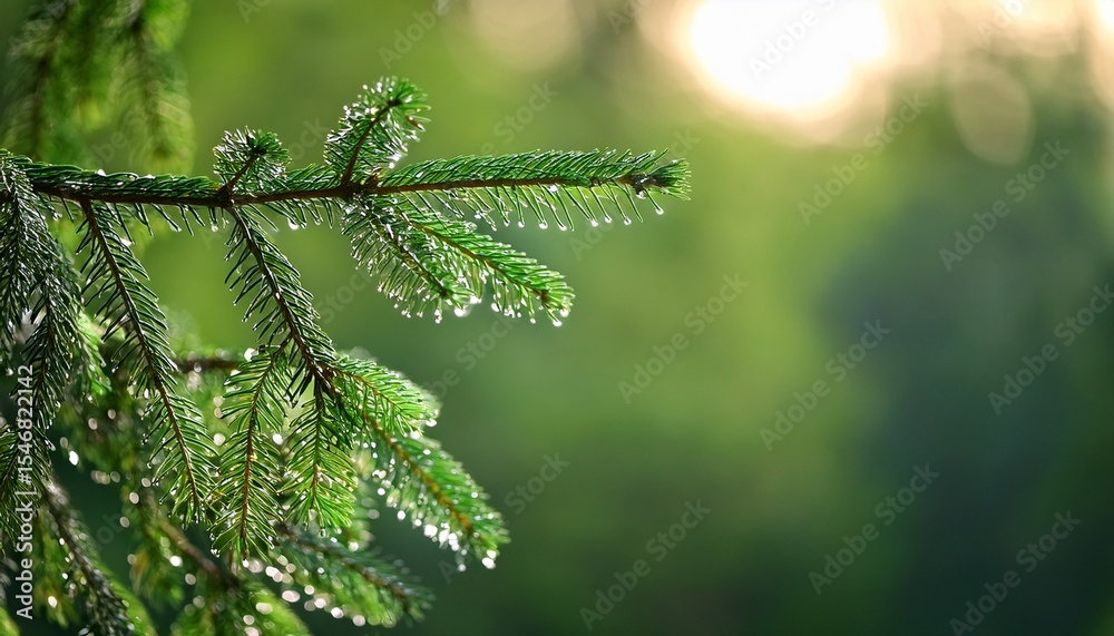 Fototapeta premium wet spruce tree close up shoot macro on blur green background