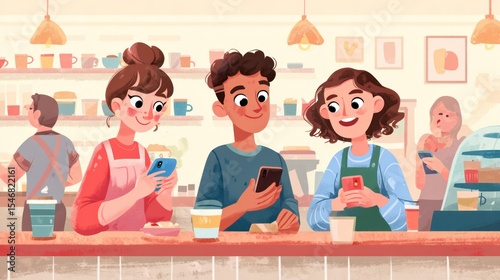 Three Friends Socializing Together in a Cozy Café Interior Setting