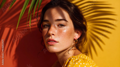 beautiful girl with freckles in a yellow dress with a palm leaf background with hard shadows from the sun