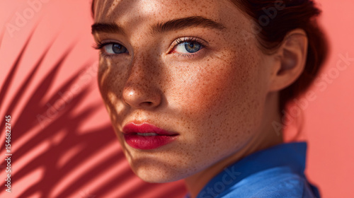 beautiful girl with freckles in dress with on pink background of palm leaf with hard shadows from sun