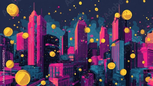 Colorful Abstract Skyline with Floating Digital Coins in a Futuristic Night Scene