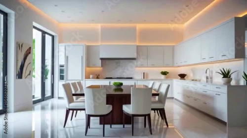 Modern white kitchen with dining area