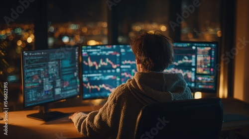 Financial Analyst Working Late in an Office Overlooking a Cityscape, Analyzing Data on Multiple Trading Screens