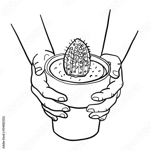 Human Hands Holding Cactus in Pot, Vector Line Illustration